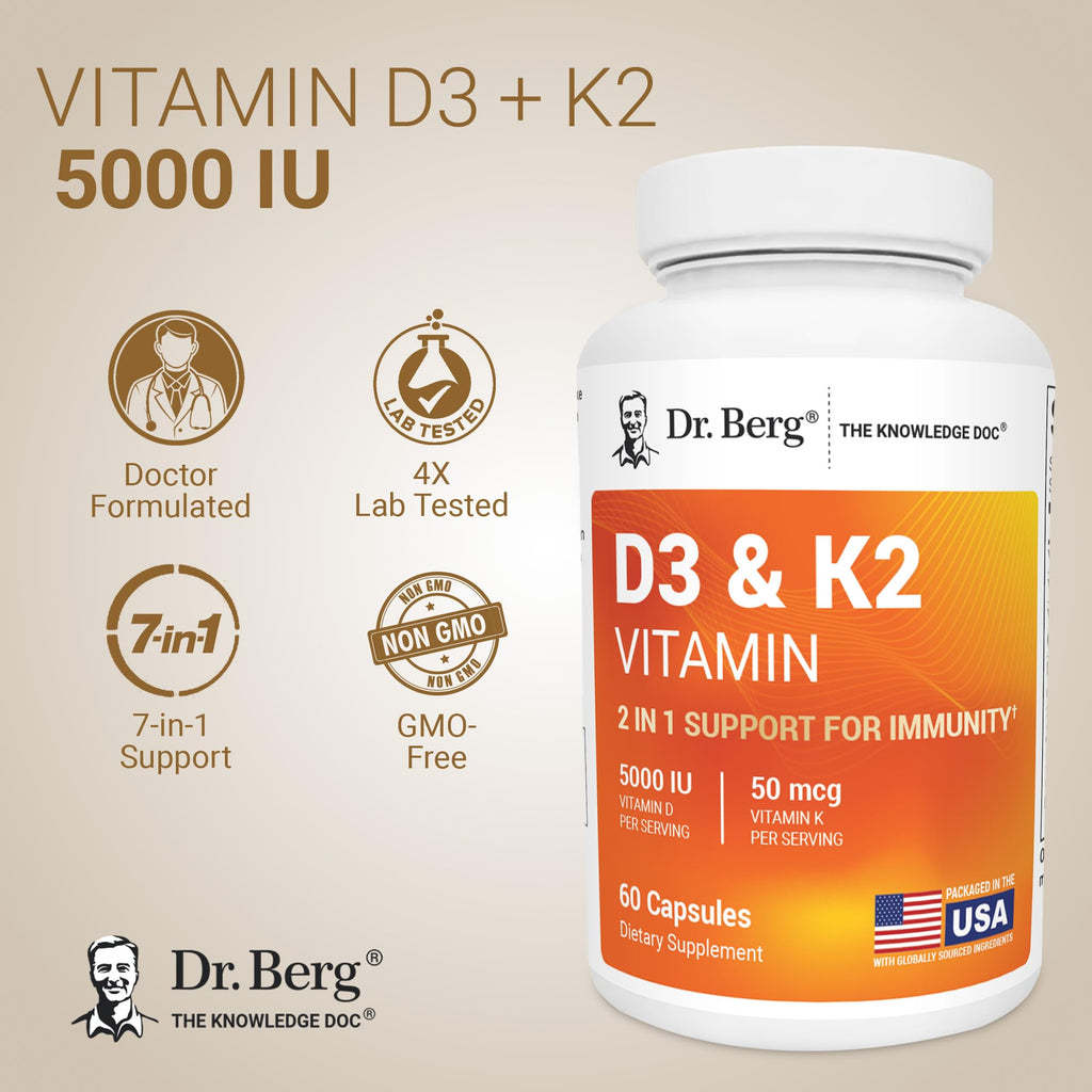 Dr. Berg Maximum Strength 2-in-1 Vitamin D3 K2 5,000 IU | Naturally Derived D3 | 4X Lab-Tested & Verified | High Absorption Formula - FENGGESTORE20
