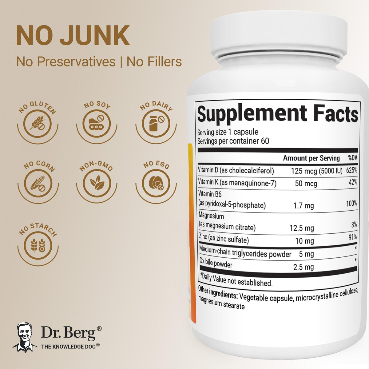 Dr. Berg Maximum Strength 2-in-1 Vitamin D3 K2 5,000 IU | Naturally Derived D3 | 4X Lab-Tested & Verified | High Absorption Formula - FENGGESTORE20