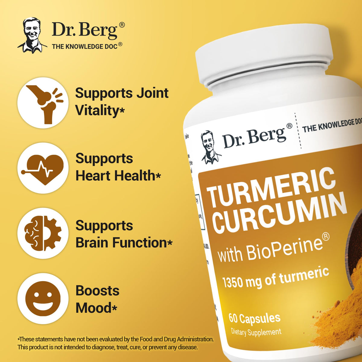 Dr. Berg (Only 2 Per Day) Turmeric Supplement with Black Pepper (BioPerine) - 1350 mg Turmeric Curcumin Supplement with 95% Curcuminoids – Turmeric Curcumin with Black Pepper – 60 Turmeric Capsules - FENGGESTORE20