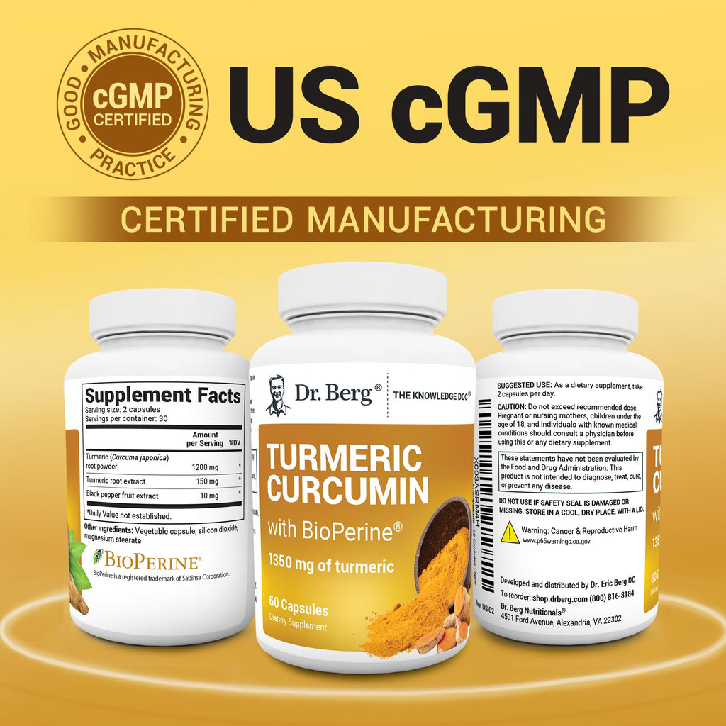 Dr. Berg (Only 2 Per Day) Turmeric Supplement with Black Pepper (BioPerine) - 1350 mg Turmeric Curcumin Supplement with 95% Curcuminoids – Turmeric Curcumin with Black Pepper – 60 Turmeric Capsules - FENGGESTORE20