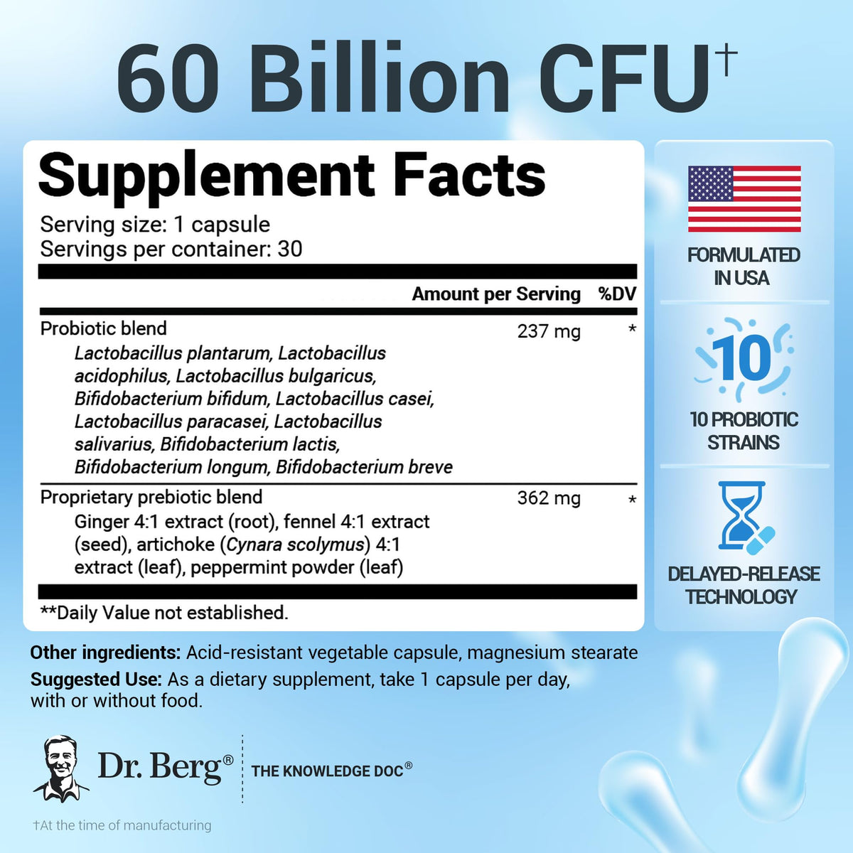 Dr. Berg Probiotic Supplement (60 Billion CFUs) - Helps Ease Occasional Constipation, Diarrhea, Gas & Bloating* - Pre and Probiotics for Digestive Health - 30 Probiotic Capsules - FENGGESTORE20