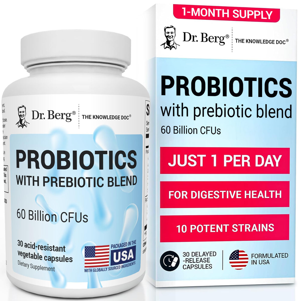 Dr. Berg Probiotic Supplement (60 Billion CFUs) - Helps Ease Occasional Constipation, Diarrhea, Gas & Bloating* - Pre and Probiotics for Digestive Health - 30 Probiotic Capsules - FENGGESTORE20