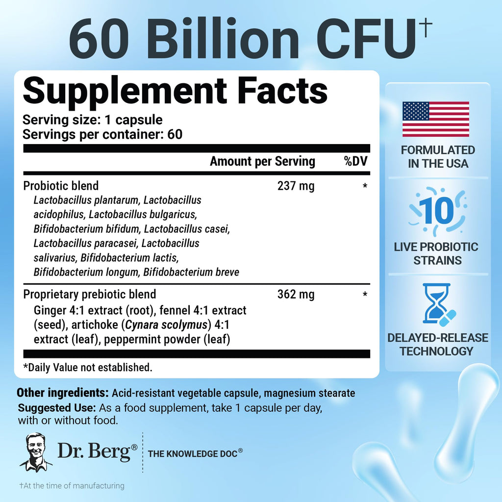 Dr. Berg Probiotic Supplement (60 Billion CFUs) - Helps Ease Occasional Constipation, Diarrhea, Gas & Bloating* - Pre and Probiotics for Digestive Health - 60 Probiotic Capsules - FENGGESTORE20