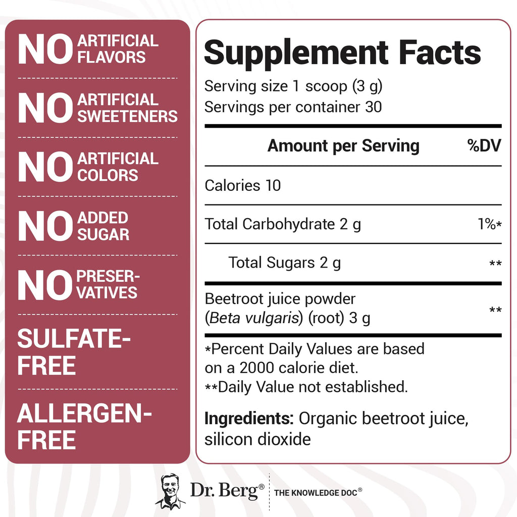 Dr. Berg Raw Organic Beet Powder from Real Earth-Grown Beets – USDA Certified Organic Beet Root Powder to Support Nitric Oxide Levels, Energy, Blood Flow, & Heart Health* – 30 Servings - FENGGESTORE20
