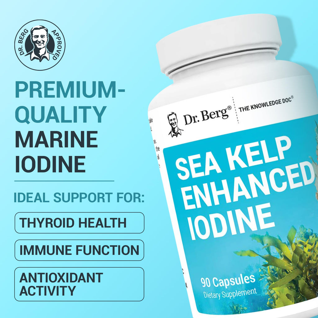 Dr. Berg Sea Kelp Enhanced Iodine - 200 mcg of Premium Iodine - Seaweed Blend Includes Klamath Blue-Green Algae & Sea Kelp - 90 Capsules - FENGGESTORE20