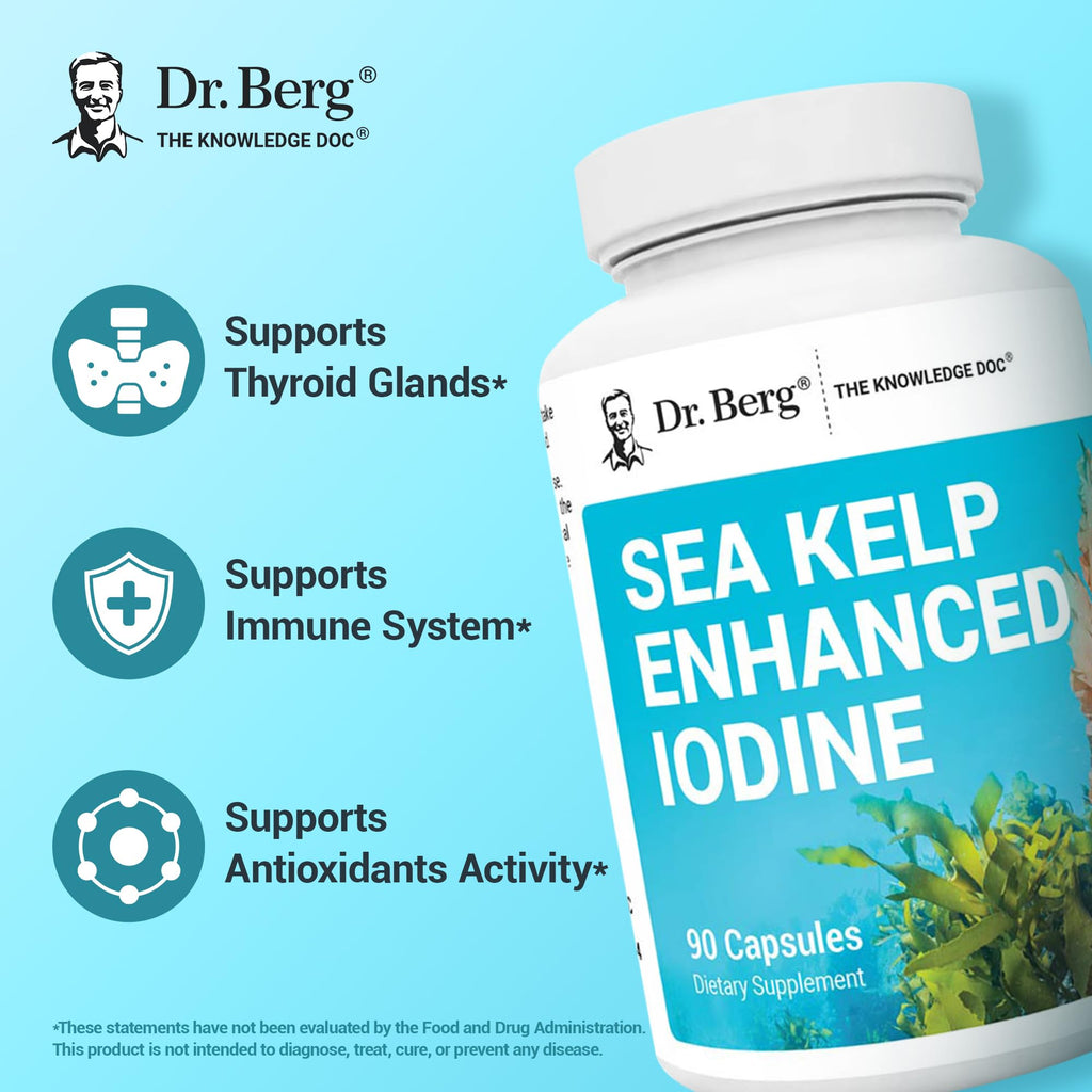 Dr. Berg Sea Kelp Enhanced Iodine - 200 mcg of Premium Iodine - Seaweed Blend Includes Klamath Blue-Green Algae & Sea Kelp - 90 Capsules - FENGGESTORE20