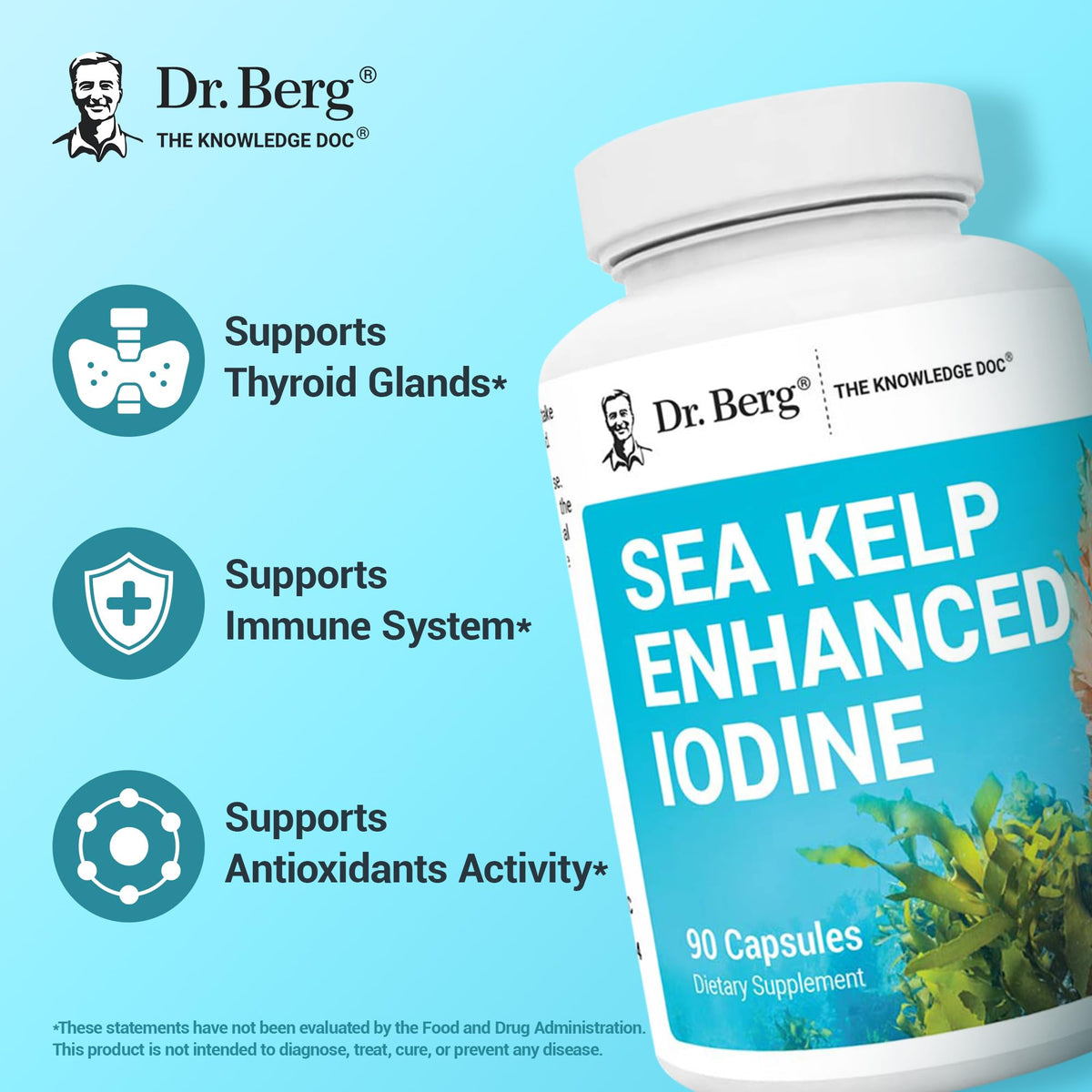 Dr. Berg Sea Kelp Enhanced Iodine - 200 mcg of Premium Iodine - Seaweed Blend Includes Klamath Blue-Green Algae & Sea Kelp - 90 Capsules - FENGGESTORE20