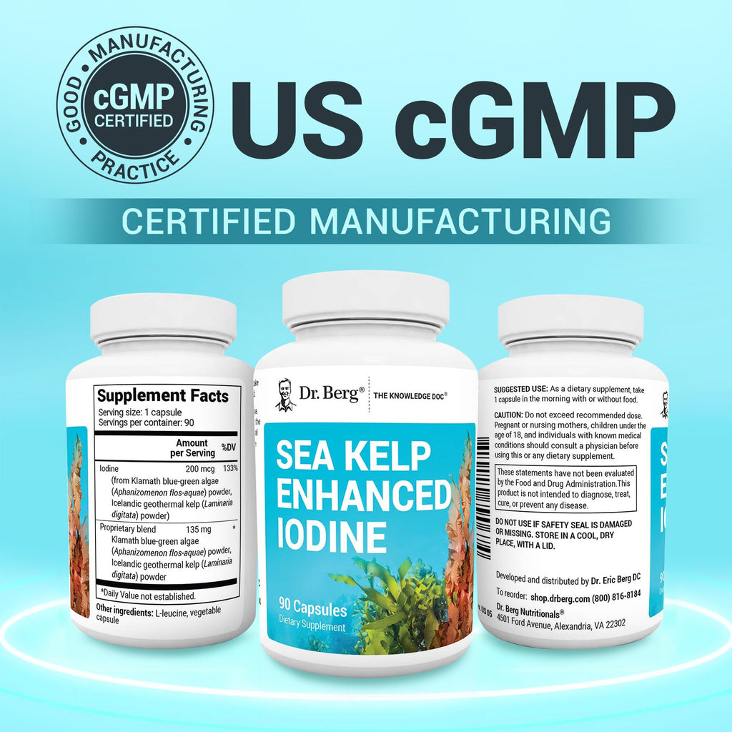 Dr. Berg Sea Kelp Enhanced Iodine - 200 mcg of Premium Iodine - Seaweed Blend Includes Klamath Blue-Green Algae & Sea Kelp - 90 Capsules - FENGGESTORE20