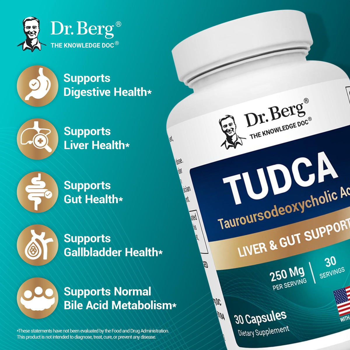 Dr. Berg TUDCA Supplement (Tauroursodeoxycholic Acid) - Powerful Formula for Liver Health, Bile Flow, Gallbladder Support, and Digestive Health* - 30 Capsules - FENGGESTORE20