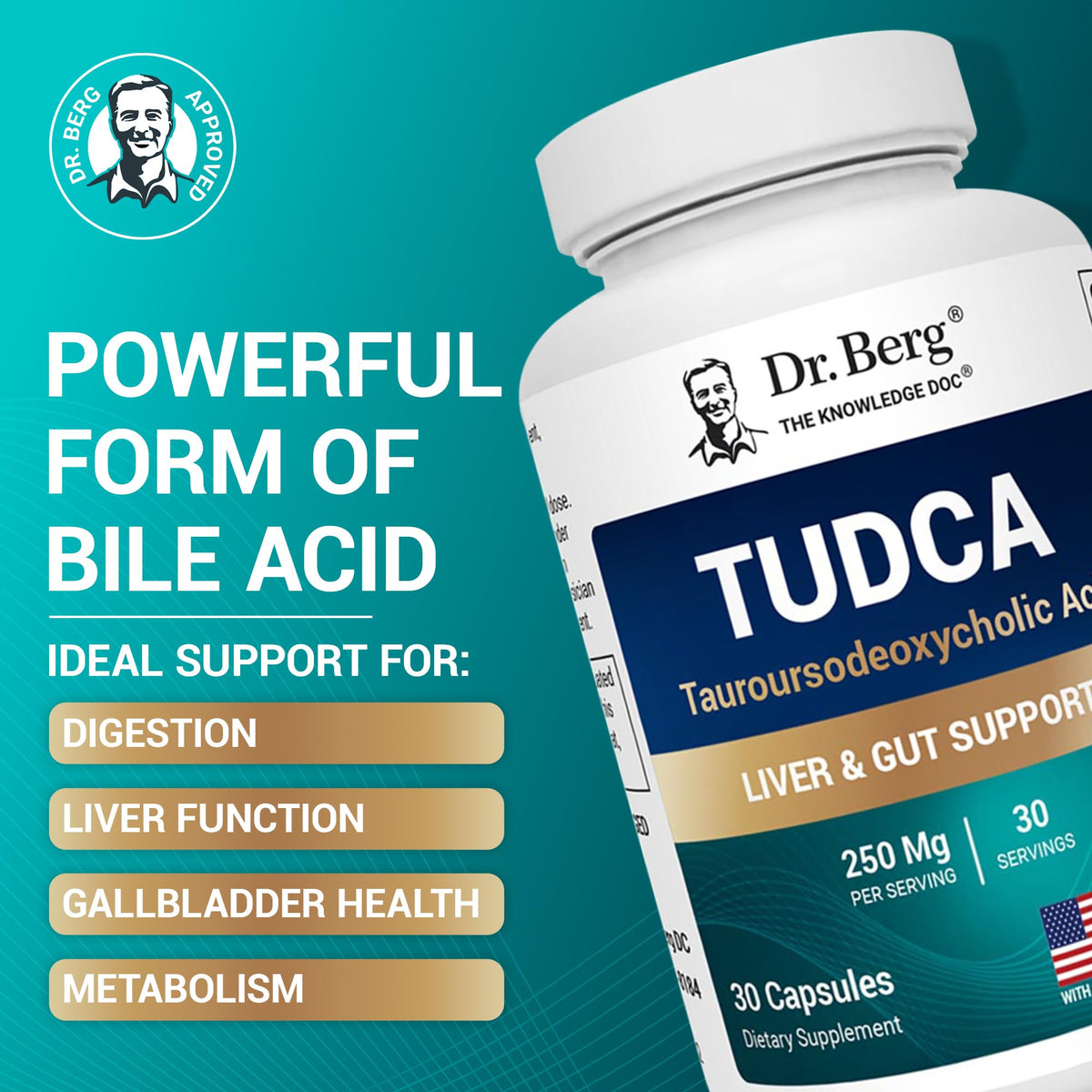 Dr. Berg TUDCA Supplement (Tauroursodeoxycholic Acid) - Powerful Formula for Liver Health, Bile Flow, Gallbladder Support, and Digestive Health* - 30 Capsules - FENGGESTORE20