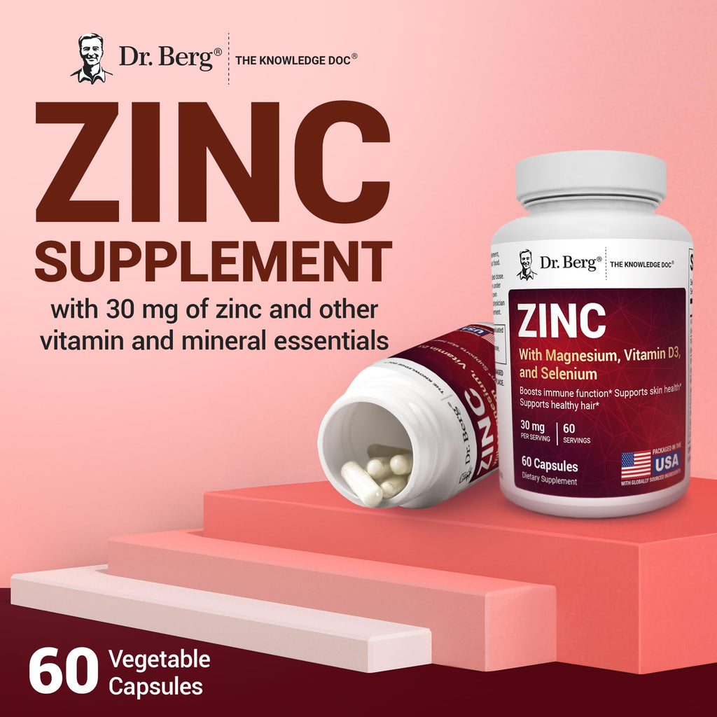 Dr. Berg Zinc 30mg Enhanced with Magnesium, Vitamin D3, Selenium, & Copper - Zinc Supplements for Men & Women - Chelated Zinc for Immune, Skin, Hair, & Nails Support* - 60 Capsules - FENGGESTORE20