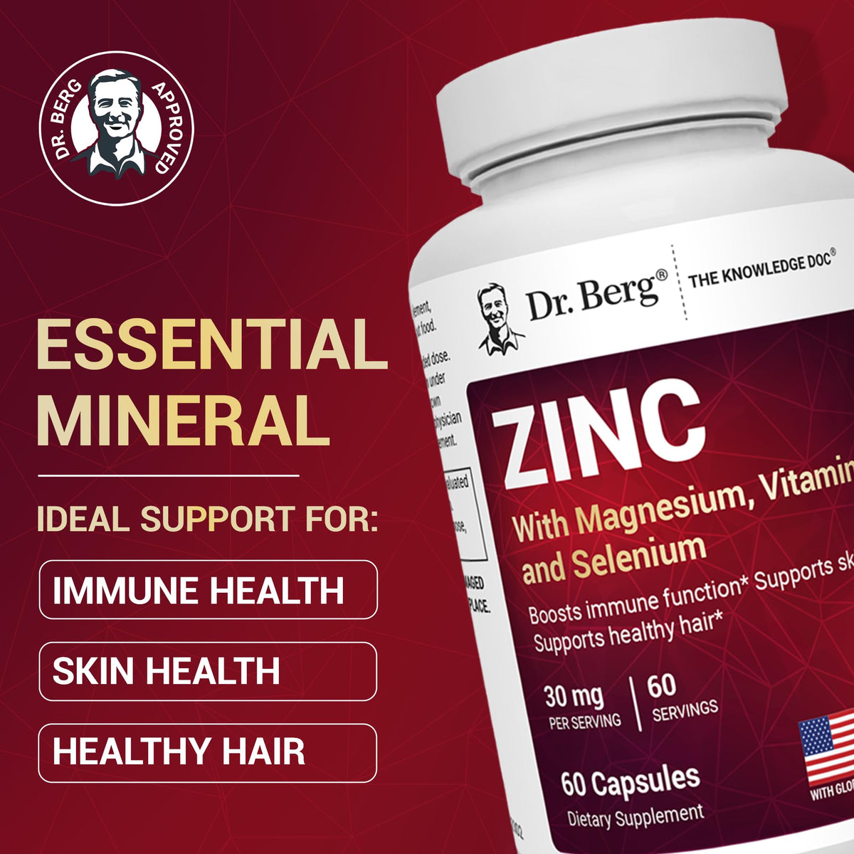 Dr. Berg Zinc 30mg Enhanced with Magnesium, Vitamin D3, Selenium, & Copper - Zinc Supplements for Men & Women - Chelated Zinc for Immune, Skin, Hair, & Nails Support* - 60 Capsules - FENGGESTORE20