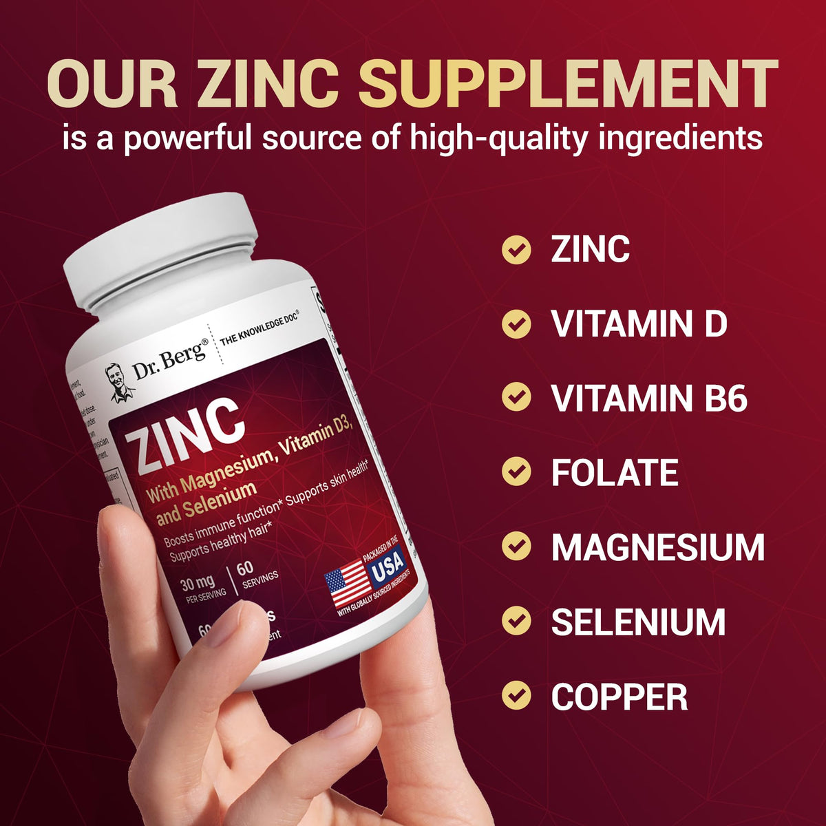 Dr. Berg Zinc 30mg Enhanced with Magnesium, Vitamin D3, Selenium, & Copper - Zinc Supplements for Men & Women - Chelated Zinc for Immune, Skin, Hair, & Nails Support* - 60 Capsules - FENGGESTORE20