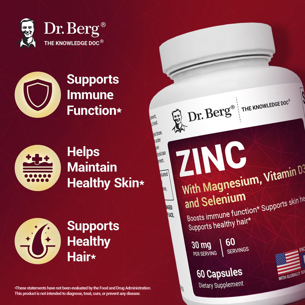 Dr. Berg Zinc 30mg Enhanced with Magnesium, Vitamin D3, Selenium, & Copper - Zinc Supplements for Men & Women - Chelated Zinc for Immune, Skin, Hair, & Nails Support* - 60 Capsules - FENGGESTORE20