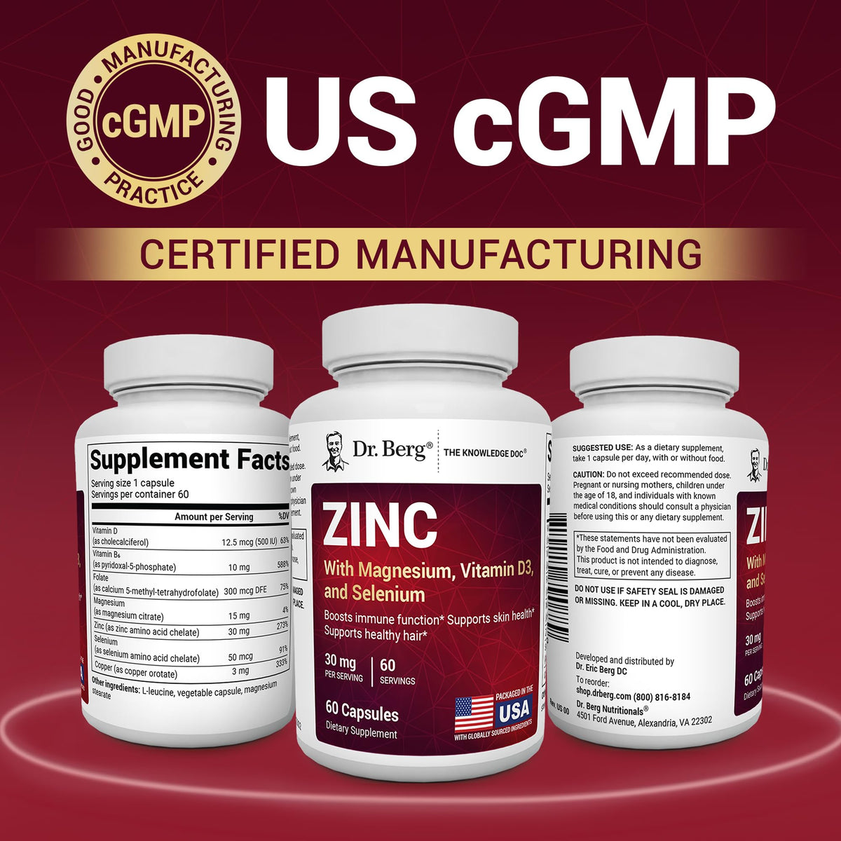 Dr. Berg Zinc 30mg Enhanced with Magnesium, Vitamin D3, Selenium, & Copper - Zinc Supplements for Men & Women - Chelated Zinc for Immune, Skin, Hair, & Nails Support* - 60 Capsules - FENGGESTORE20