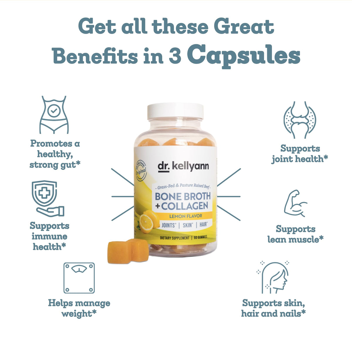 Dr. Kellyann Collagen + Bone Broth Gummies, Lemon | Gut, Skin, Joint & Hair Support | Grass-Fed Beef | Non-GMO, Dairy-Free, Soy-Free | 60 Gummies - FENGGESTORE20