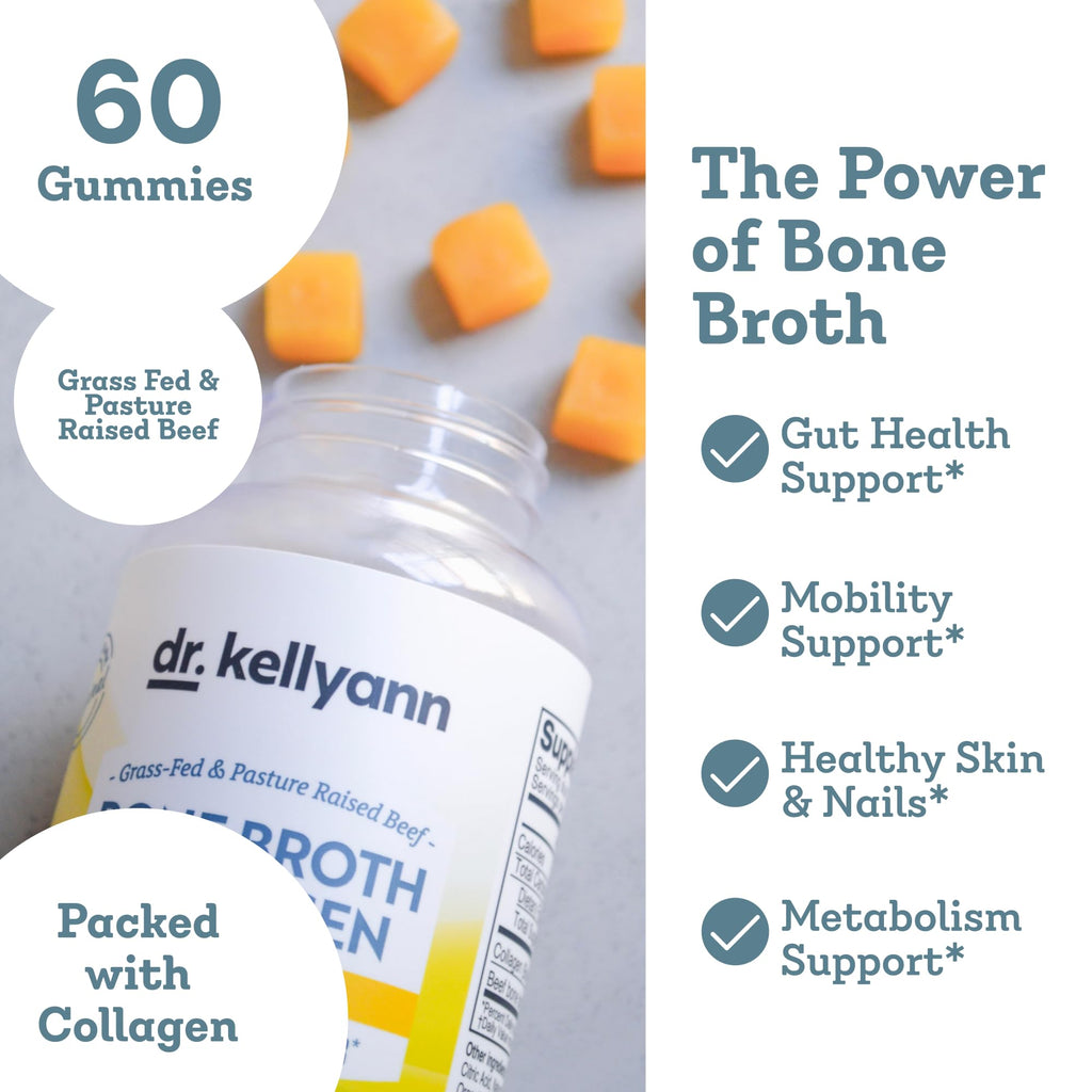 Dr. Kellyann Collagen + Bone Broth Gummies, Lemon | Gut, Skin, Joint & Hair Support | Grass-Fed Beef | Non-GMO, Dairy-Free, Soy-Free | 60 Gummies - FENGGESTORE20