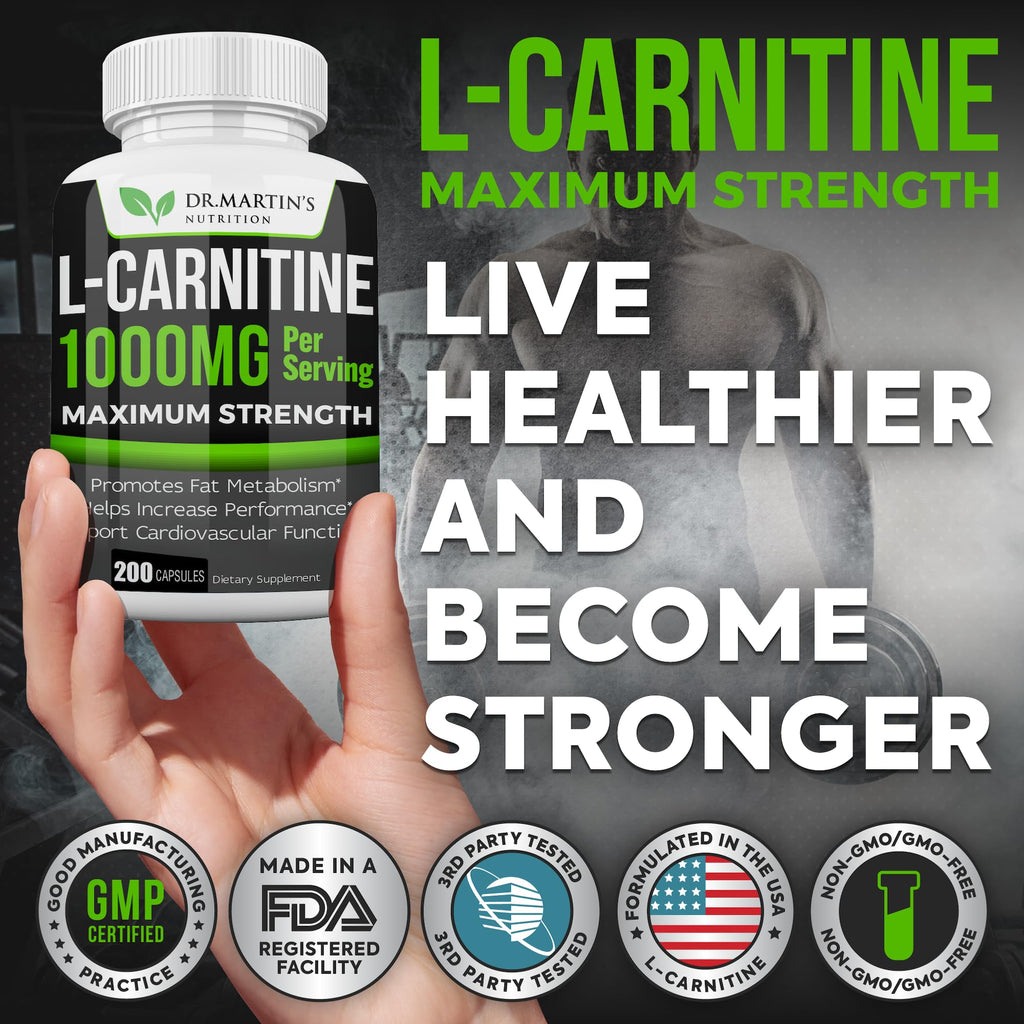 DR. MARTIN'S NUTRITION Extra Strength L-Carnitine - 200 Capsules - 1000mg Per Serving - Boost Your Metabolism and Increase Performance - FENGGESTORE20