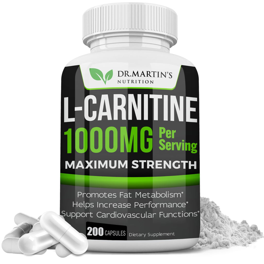 DR. MARTIN'S NUTRITION Extra Strength L-Carnitine - 200 Capsules - 1000mg Per Serving - Boost Your Metabolism and Increase Performance - FENGGESTORE20