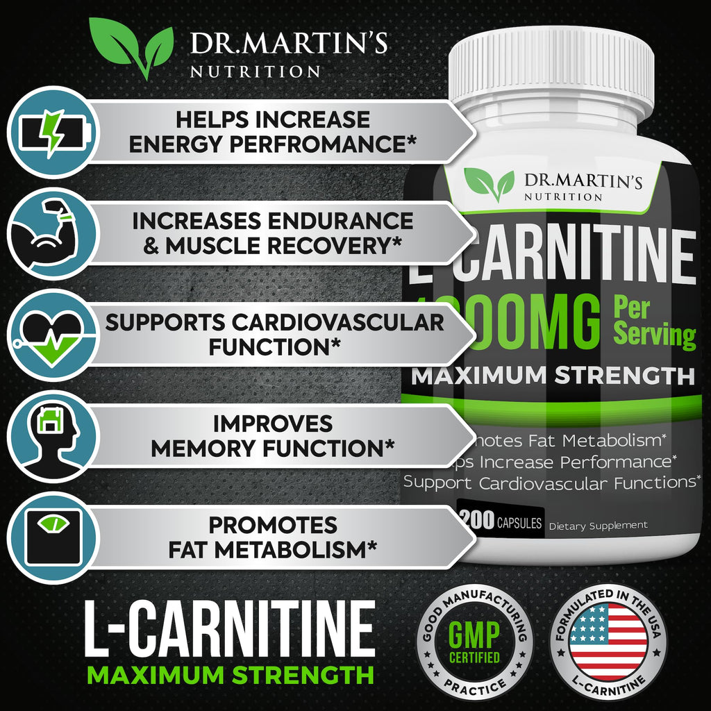 DR. MARTIN'S NUTRITION Extra Strength L-Carnitine - 200 Capsules - 1000mg Per Serving - Boost Your Metabolism and Increase Performance - FENGGESTORE20