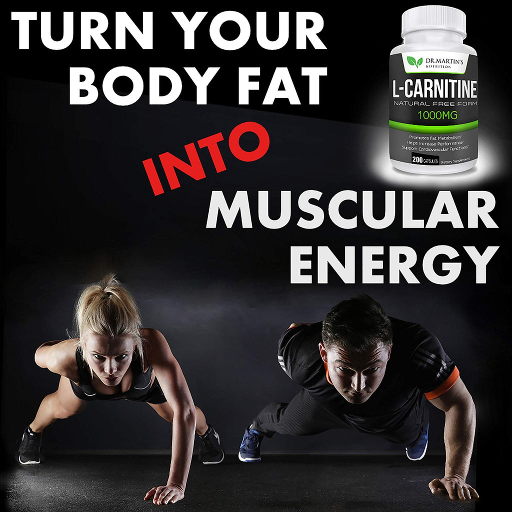 DR. MARTIN'S NUTRITION Extra Strength L-Carnitine - 200 Capsules - 1000mg Per Serving - Boost Your Metabolism and Increase Performance - FENGGESTORE20