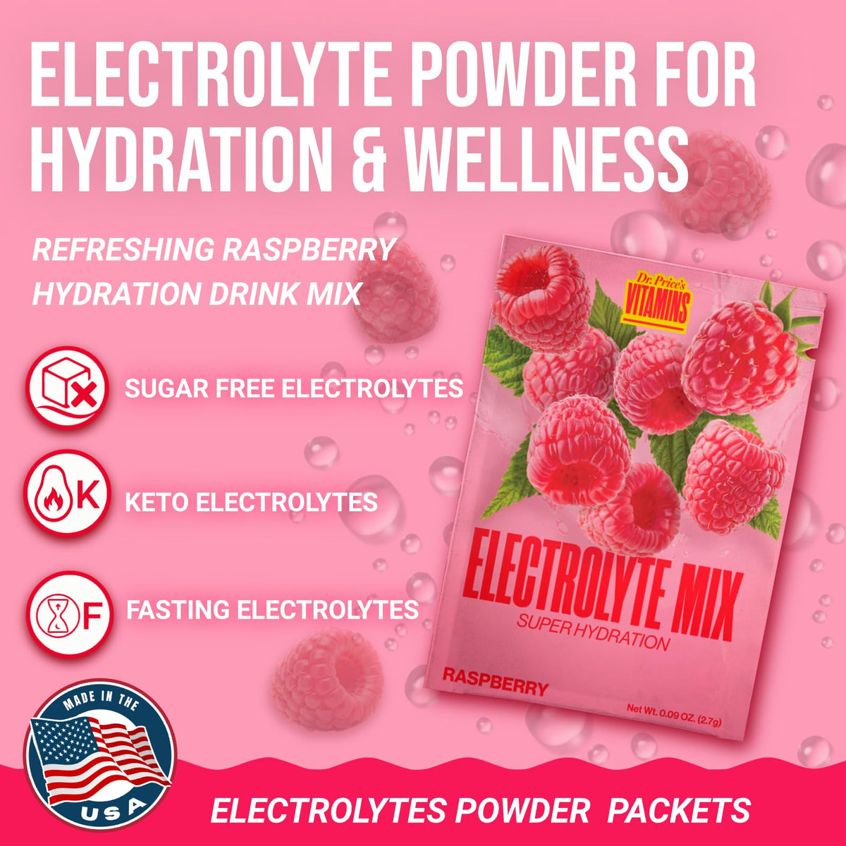 Dr. Price’s Electrolytes Hydration Powder Packets – Raspberry, 30 Packs | Sugar Free Electrolyte Drink Mix, 72+ Trace Minerals, Manganese | Keto Electrolytes, - FENGGESTORE20