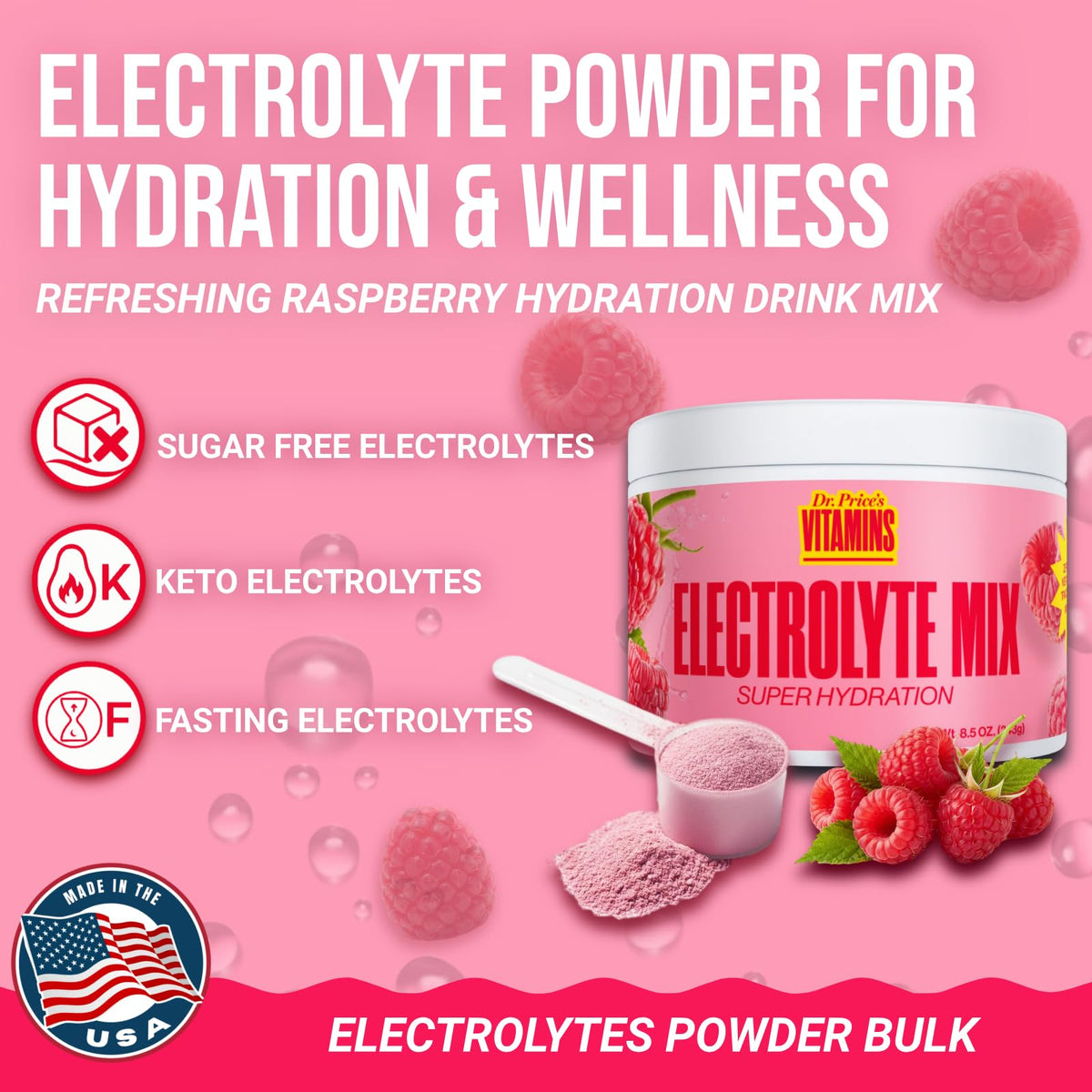 Dr. Price’s Electrolytes Powder Bulk – Raspberry, 90 Servings | Sugar Free Hydration Drink Mix with 72+ Trace Minerals, Manganese | Keto Electrolytes - FENGGESTORE20