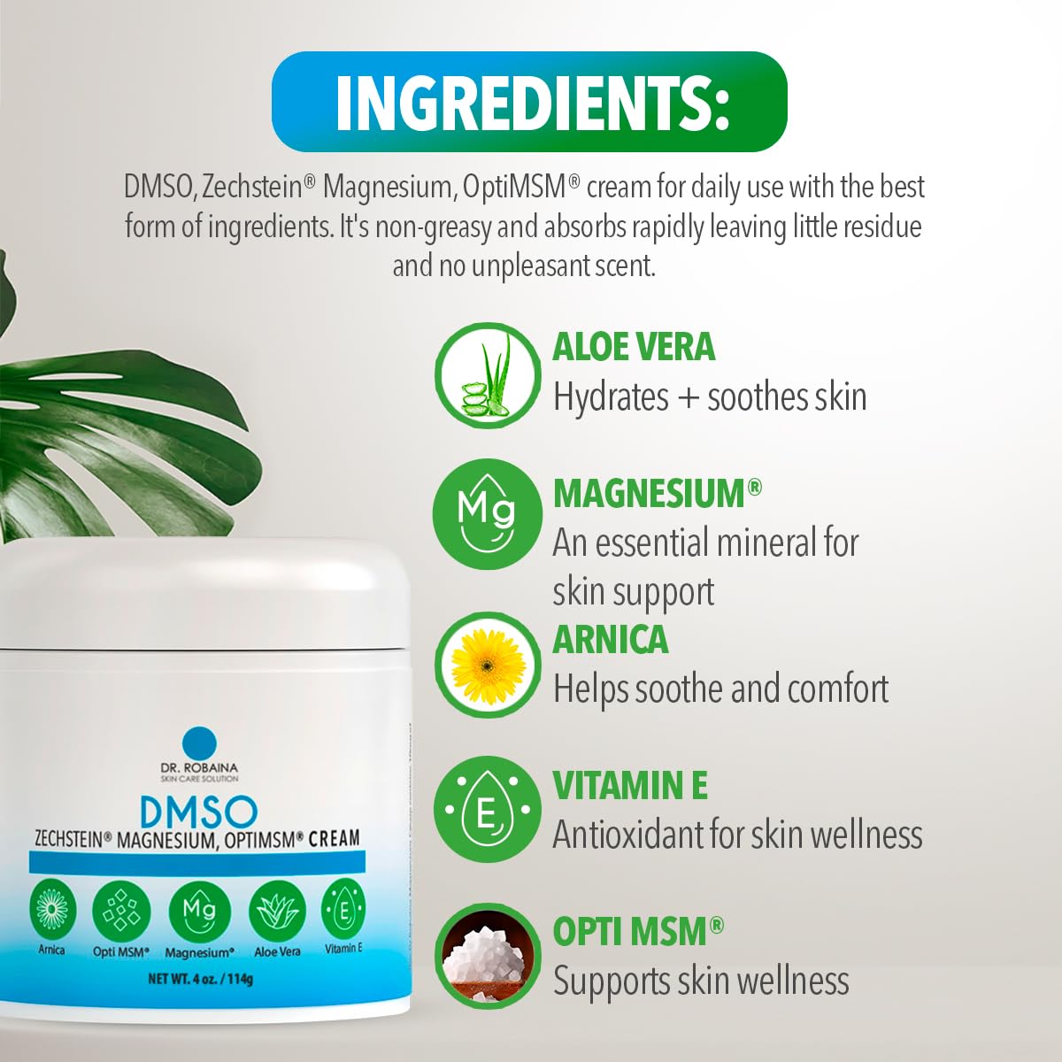 Dr. Robaina DMSO Cream - 99.9% Pure DMSO Grade | Formula with Zechstein Magnesium, Arnica, Aloe Vera, Vitamin E - 4 oz - FENGGESTORE20