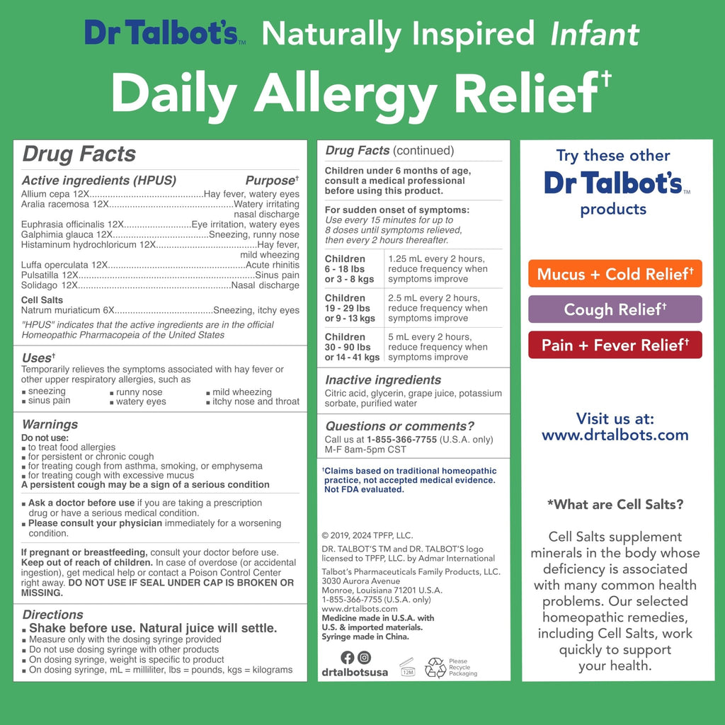 Dr. Talbot's Infant Daily Allergy Relief Liquid Medicine, Naturally Inspired for Babies, Includes Syringe, Grape Juice Flavor, Purple, 4 Fl Oz - FENGGESTORE20