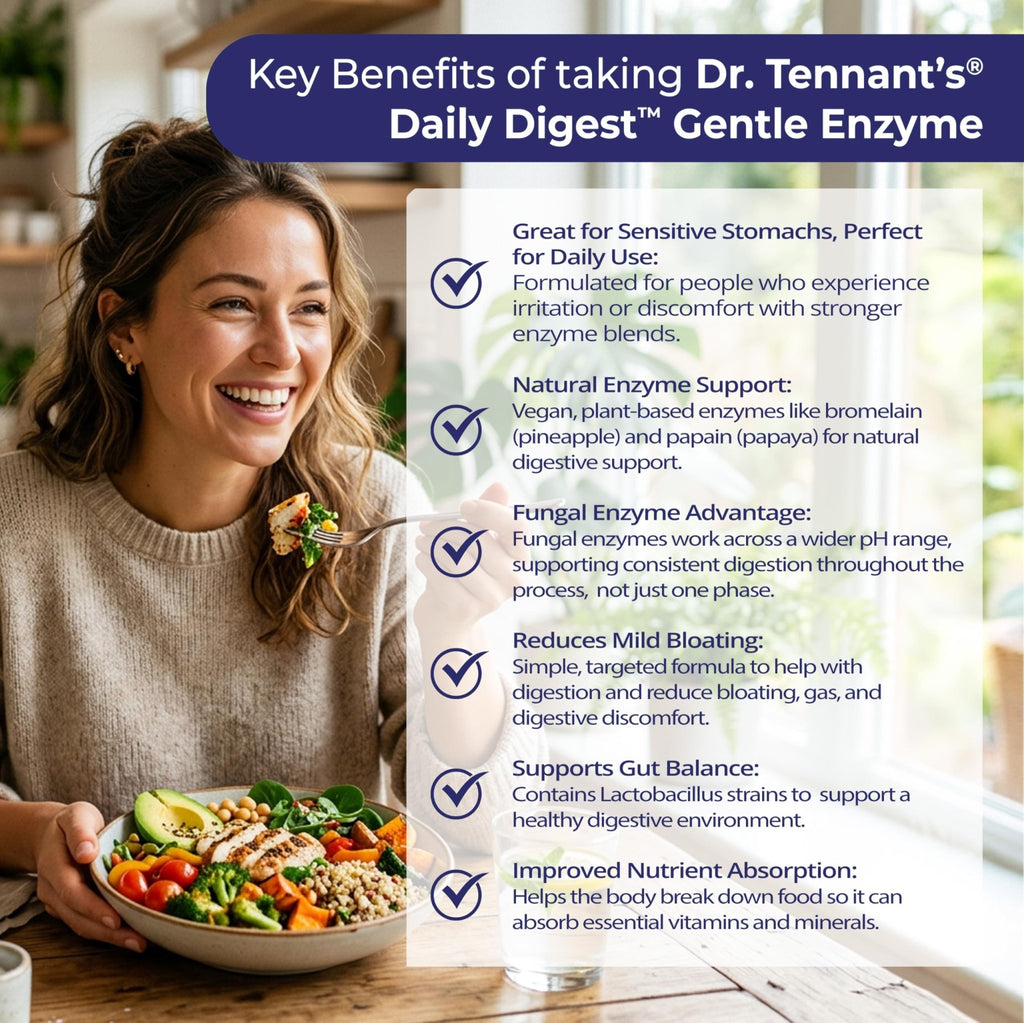 Dr. Tennant's Digestive Enzymes with Bromelain, Papain and Lipase - Bloating Relief and Gas Support for Sensitive Stomachs, Vegan, 27-Enzyme Blend, - FENGGESTORE20