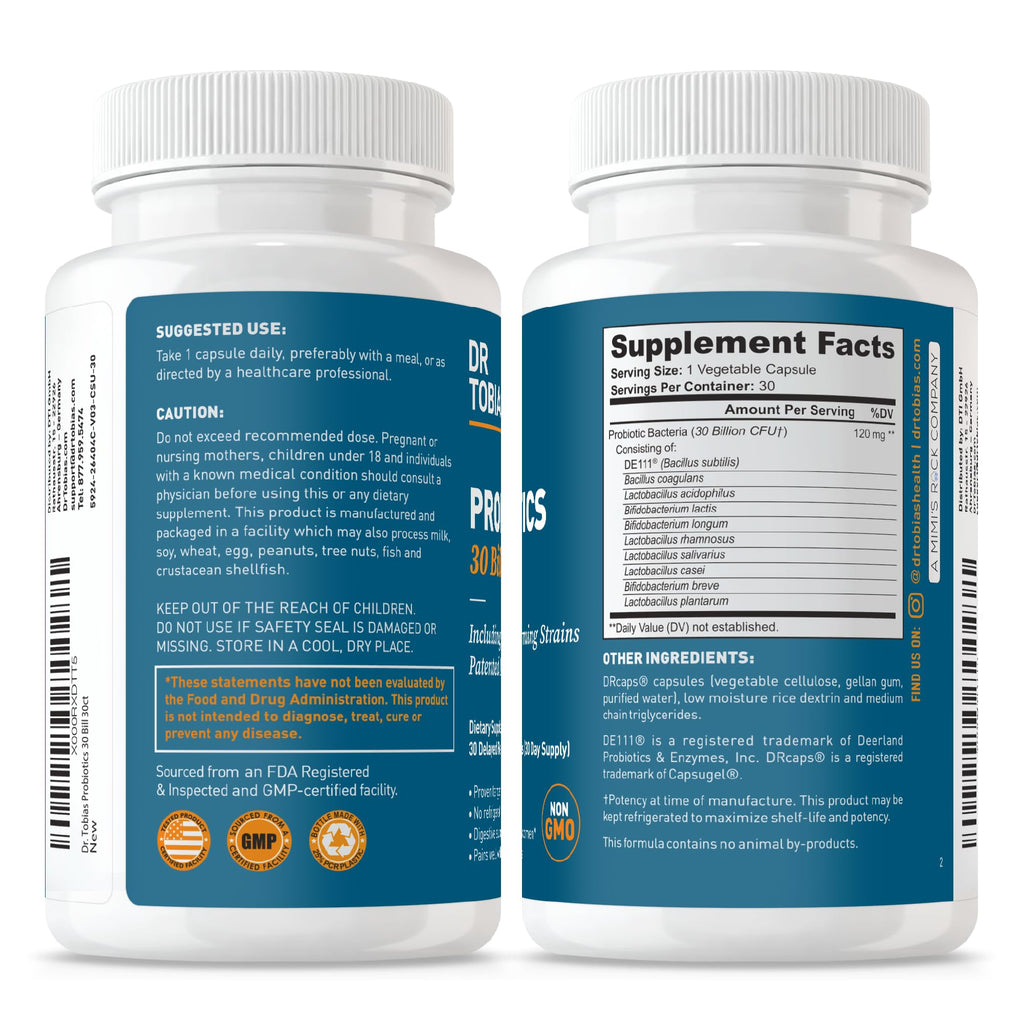 Dr. Tobias Probiotics 30 Billion, 10 Strains, 30 Billion CFU's, Targeted Release Probiotics for Women & Men, Supports Digestive Health, Shelf-Stable, - FENGGESTORE20