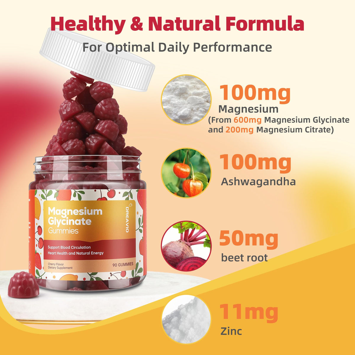 DREAVIO 90 Count Magnesium Glycinate Gummies w/Ashwagandha Supplement - Sugar Free Zinc Magnesium Glycinate - FENGGESTORE20