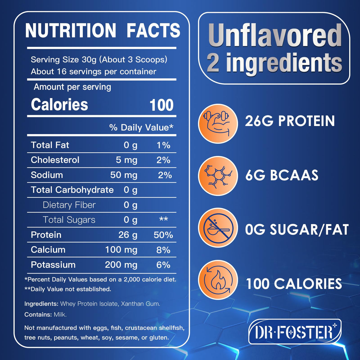 DRFOSTER Whey Protein Powder Isolate - Unflavored, Grass-Fed, 26g Protein & 6g BCAAs for Muscle Growth & Recovery - FENGGESTORE20