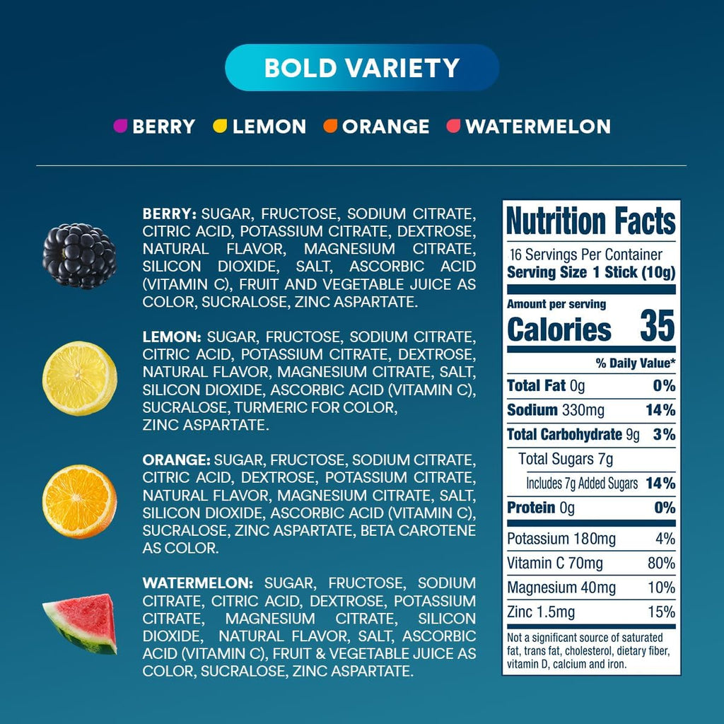 DripDrop Hydration Packets - Bold Variety Pack - Single Serve Electrolytes Powder Drink Mix - Watermelon, Berry, Lemon, Orange - FENGGESTORE20