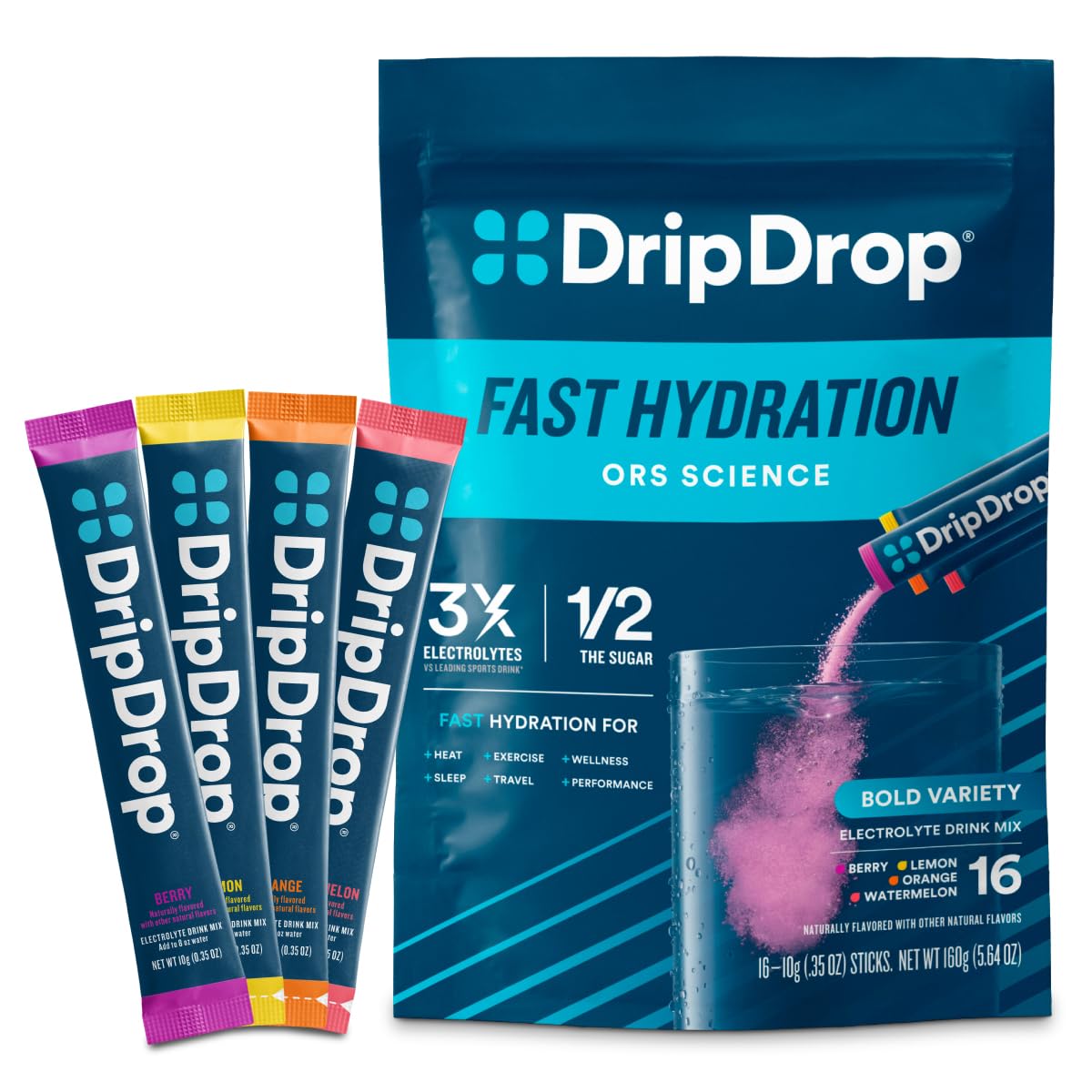 DripDrop Hydration Packets - Bold Variety Pack - Single Serve Electrolytes Powder Drink Mix - Watermelon, Berry, Lemon, Orange - FENGGESTORE20