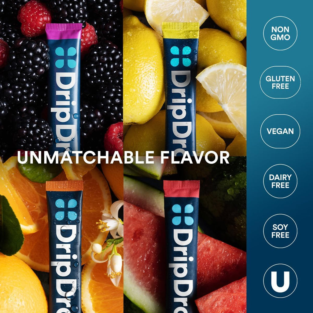 DripDrop Hydration Packets - Bold Variety Pack - Single Serve Electrolytes Powder Drink Mix - Watermelon, Berry, Lemon, Orange - FENGGESTORE20