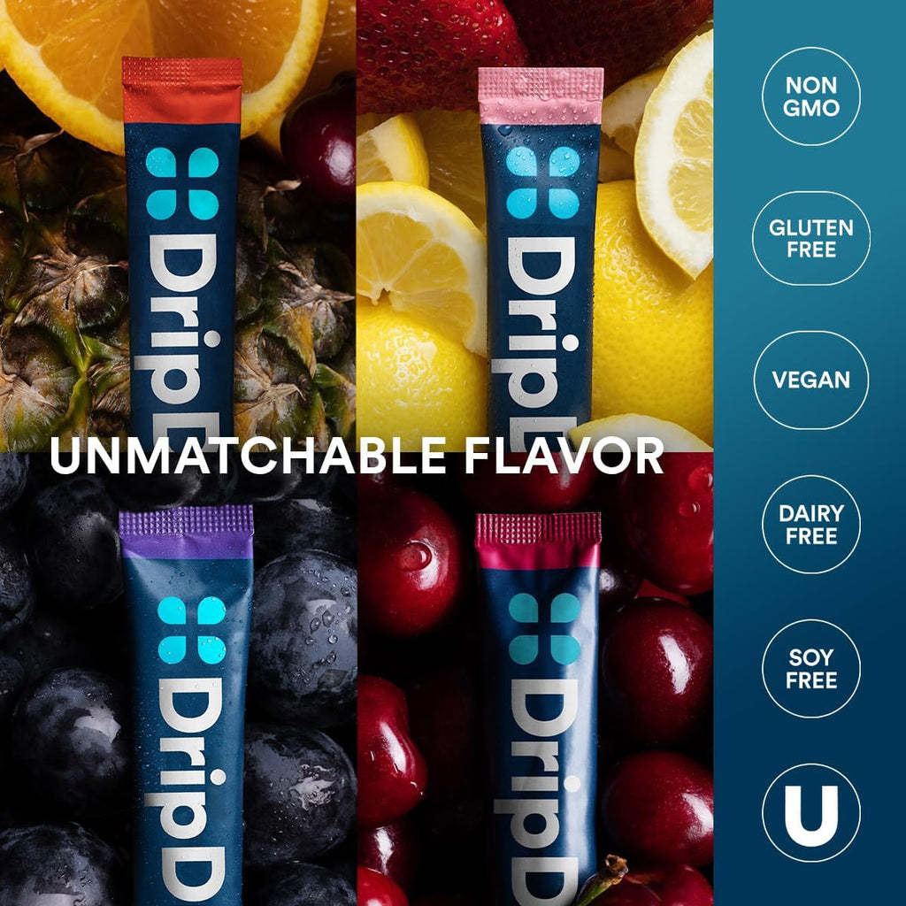 DripDrop Hydration Packets - Juicy Variety Pack - Single Serve Electrolytes Powder Drink Mix - Grape, Fruit Punch, Strawberry Lemonade, Cherry - FENGGESTORE20
