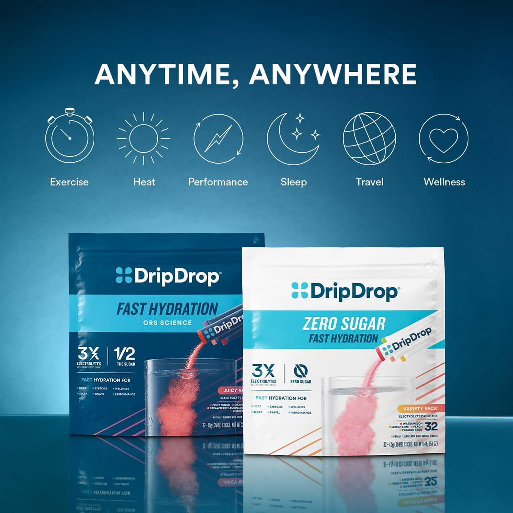 DripDrop Hydration Packets - Juicy Variety Pack - Single Serve Electrolytes Powder Drink Mix - Grape, Fruit Punch, Strawberry Lemonade, Cherry - FENGGESTORE20