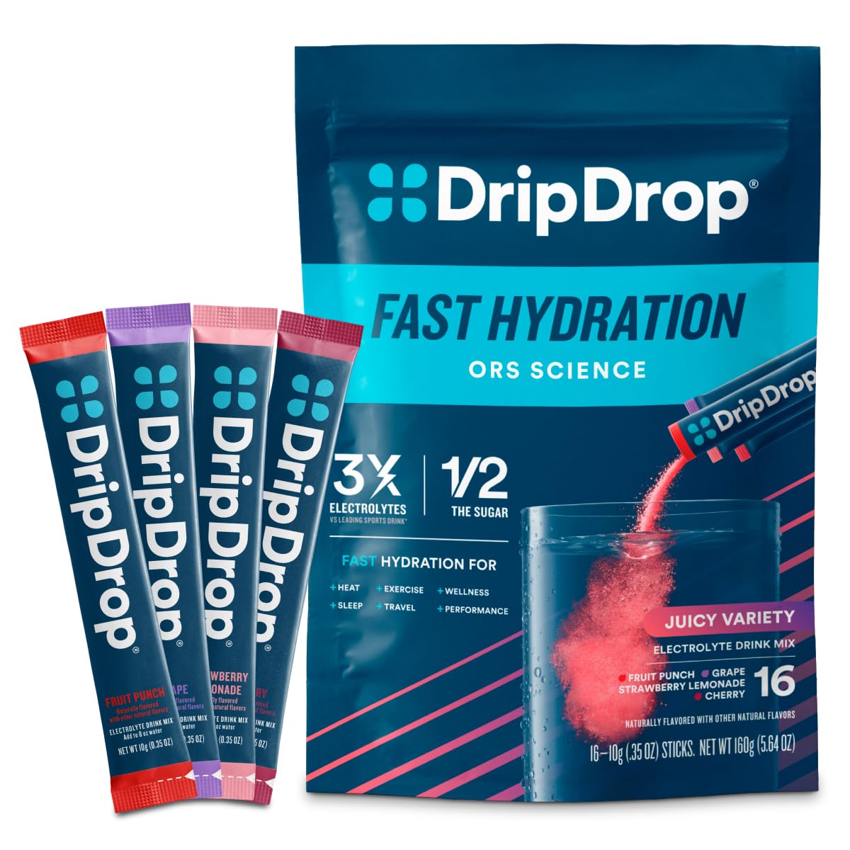 DripDrop Hydration Packets - Juicy Variety Pack - Single Serve Electrolytes Powder Drink Mix - Grape, Fruit Punch, Strawberry Lemonade, Cherry - FENGGESTORE20