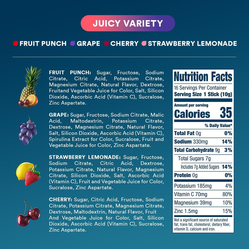 DripDrop Hydration Packets - Juicy Variety Pack - Single Serve Electrolytes Powder Drink Mix - Grape, Fruit Punch, Strawberry Lemonade, Cherry - FENGGESTORE20