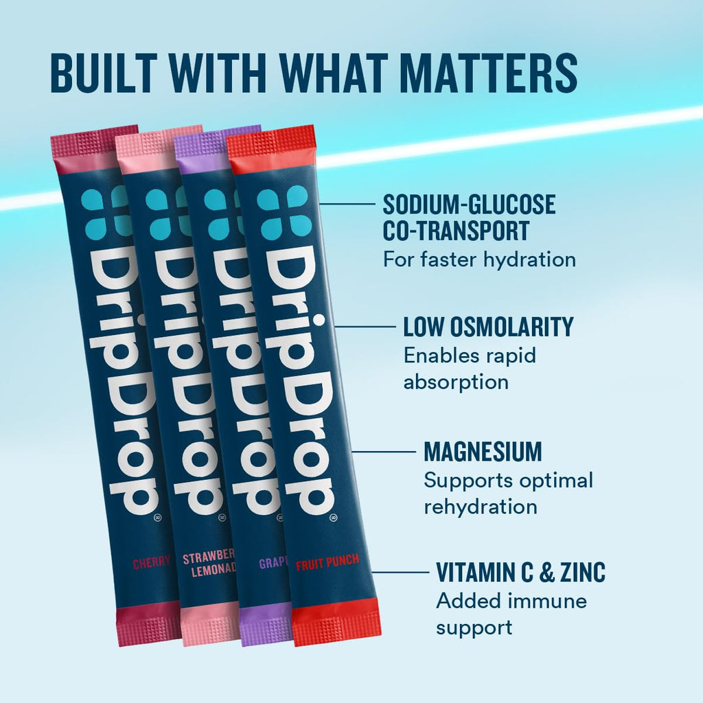 DripDrop Hydration Packets - Juicy Variety Pack - Single Serve Electrolytes Powder Drink Mix - Grape, Fruit Punch, Strawberry Lemonade, Cherry - Non-GMO, - FENGGESTORE20
