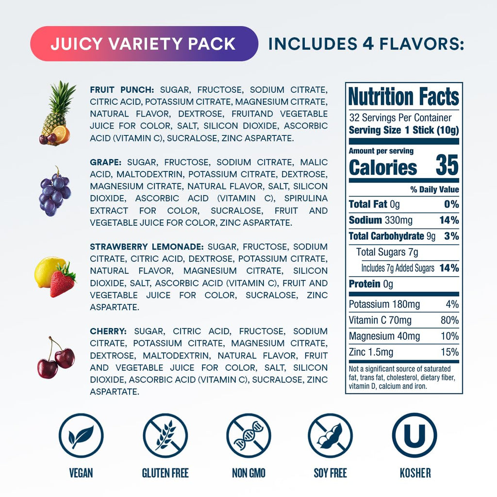 DripDrop Hydration Packets - Juicy Variety Pack - Single Serve Electrolytes Powder Drink Mix - Grape, Fruit Punch, Strawberry Lemonade, Cherry - Non-GMO, - FENGGESTORE20