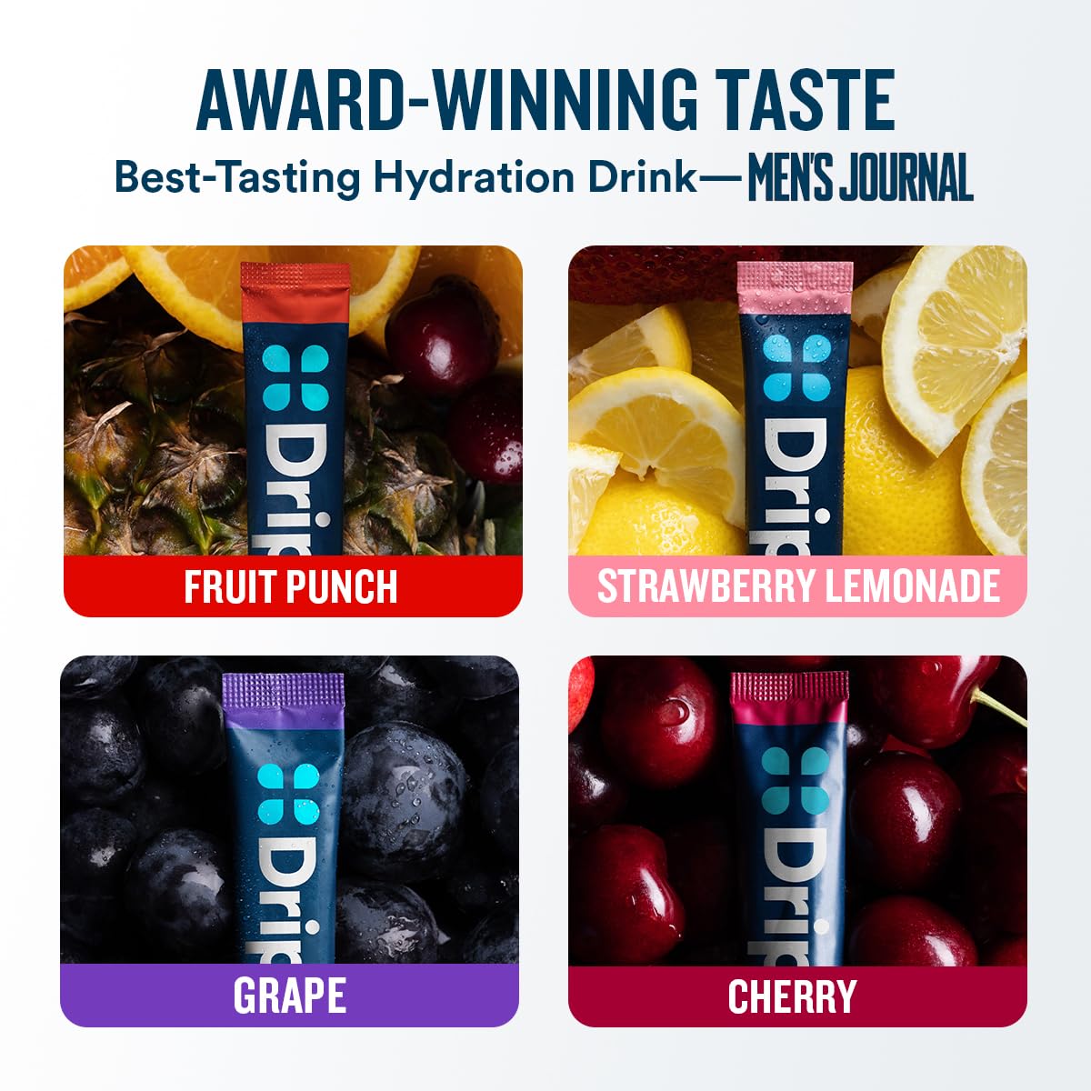 DripDrop Hydration Packets - Juicy Variety Pack - Single Serve Electrolytes Powder Drink Mix - Grape, Fruit Punch, Strawberry Lemonade, Cherry - Non-GMO, - FENGGESTORE20