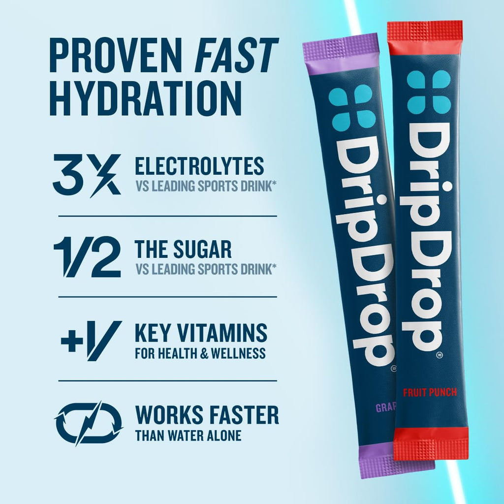 DripDrop Hydration Packets - Juicy Variety Pack - Single Serve Electrolytes Powder Drink Mix - Grape, Fruit Punch, Strawberry Lemonade, Cherry - Non-GMO, - FENGGESTORE20