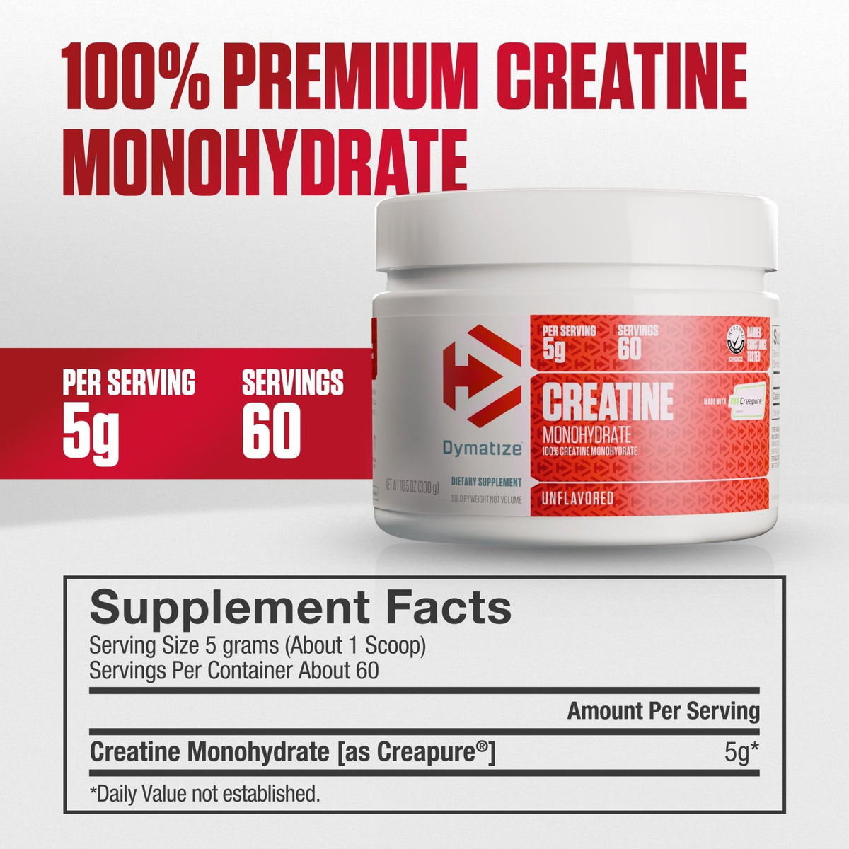 Dymatize 100% Creatine Monohydrate with CREAPURE, 5g Per Serving, 60 Servings (300g), Creatine for Women and Men, Gluten Free - FENGGESTORE20