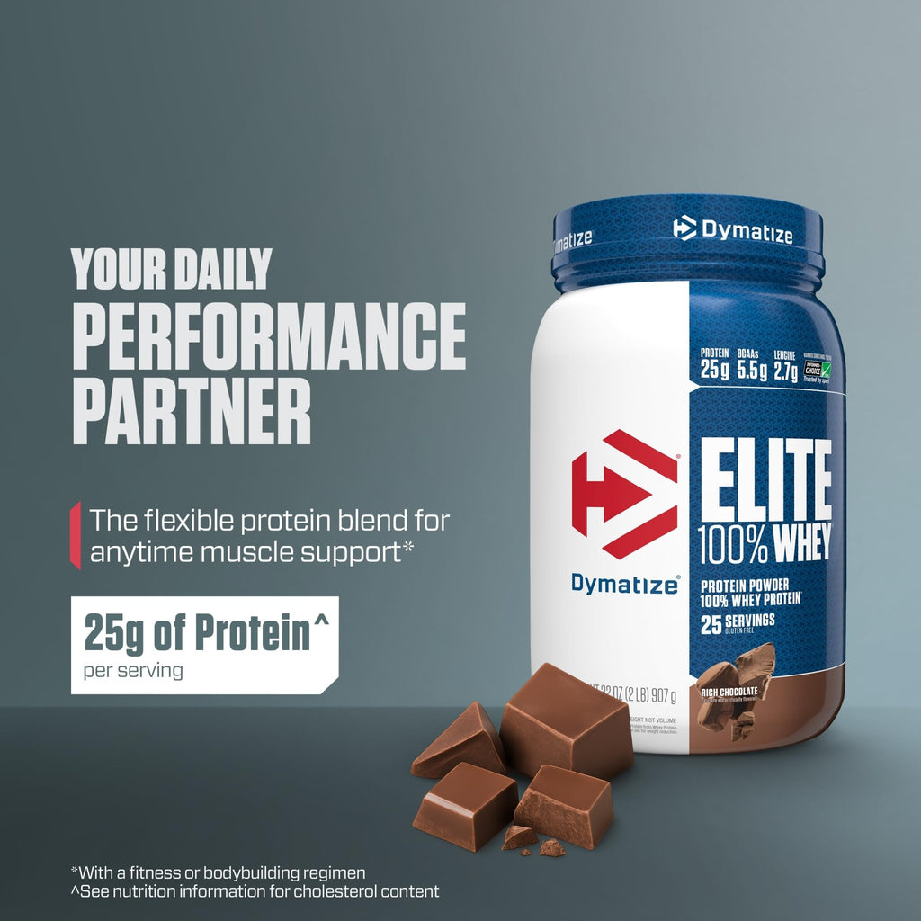 Dymatize Elite 100% Whey Protein Powder, Chocolate, 25g of Protein, 5.5g BCAAs, Less Than 140 Cal., Gluten Free, 3g Carb, 2g Sugar, 3g Fat (25 Servings) - FENGGESTORE20