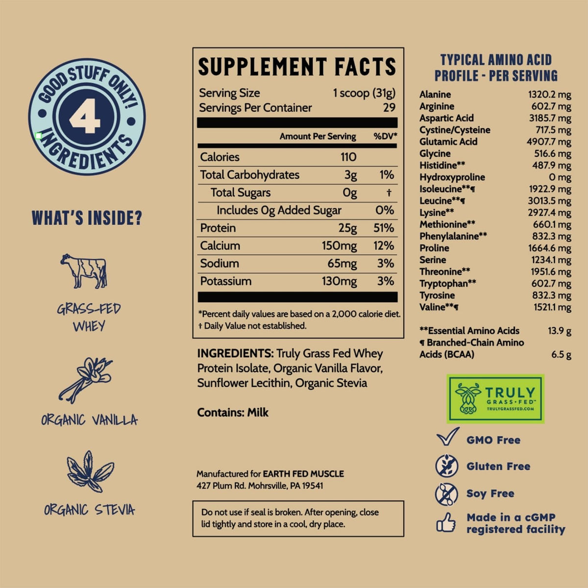 Earth Fed Muscle Whey Back Irish Grass Fed Whey Protein Isolate, Third-Party Certified. 25g Protein, Vanilla - Non-GMO, Hormone Free, Soy Free, Gluten Free - 2 LB, 29 Servings - FENGGESTORE20