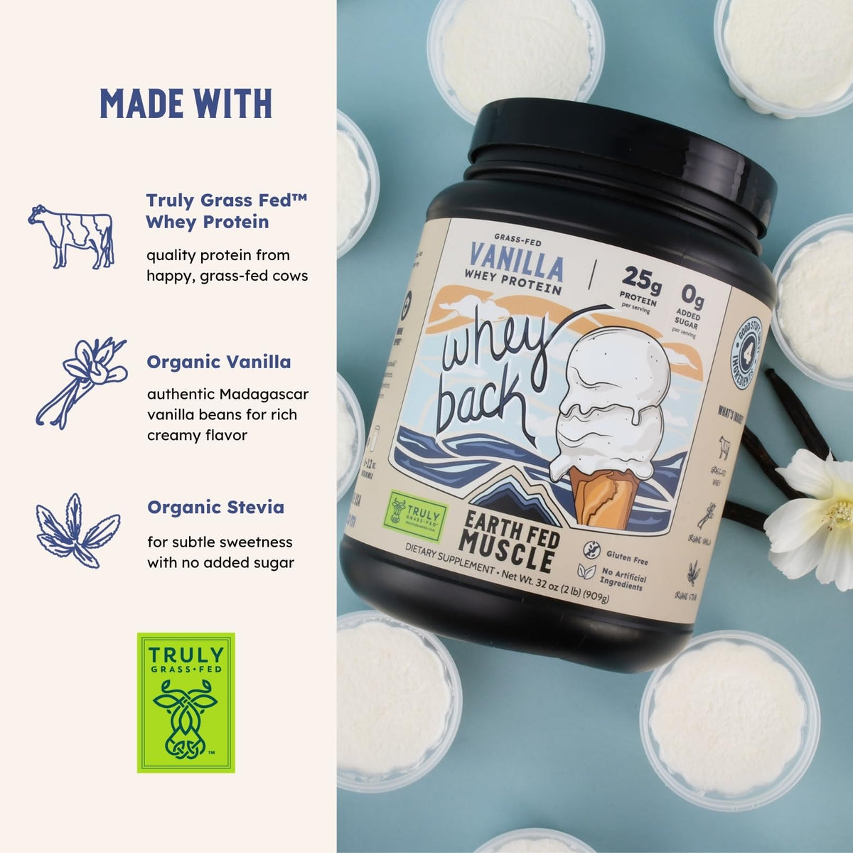 Earth Fed Muscle Whey Back Irish Grass Fed Whey Protein Isolate, Third-Party Certified. 25g Protein, Vanilla - Non-GMO, Hormone Free, Soy Free, Gluten Free - 2 LB, 29 Servings - FENGGESTORE20