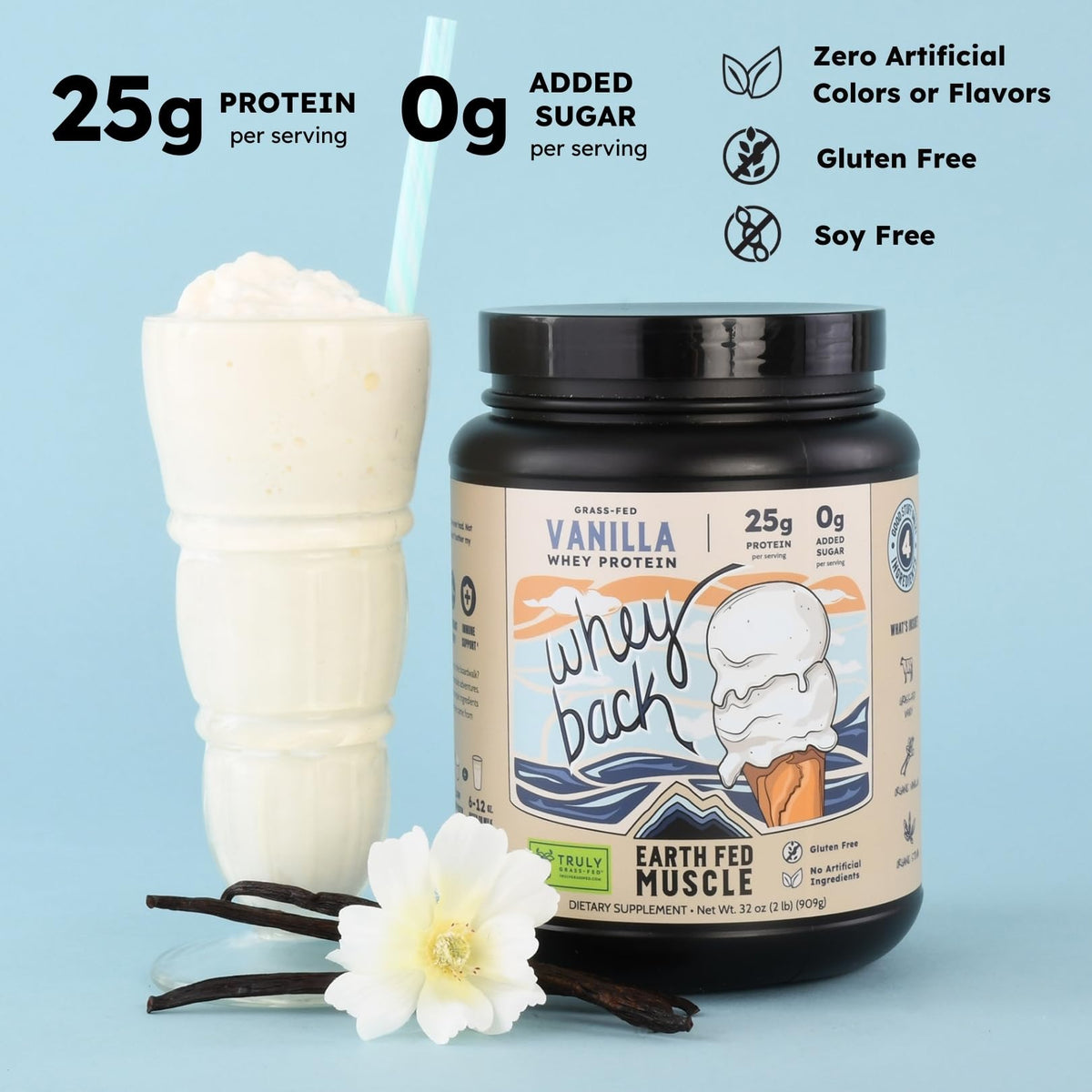 Earth Fed Muscle Whey Back Irish Grass Fed Whey Protein Isolate, Third-Party Certified. 25g Protein, Vanilla - Non-GMO, Hormone Free, Soy Free, Gluten Free - 2 LB, 29 Servings - FENGGESTORE20