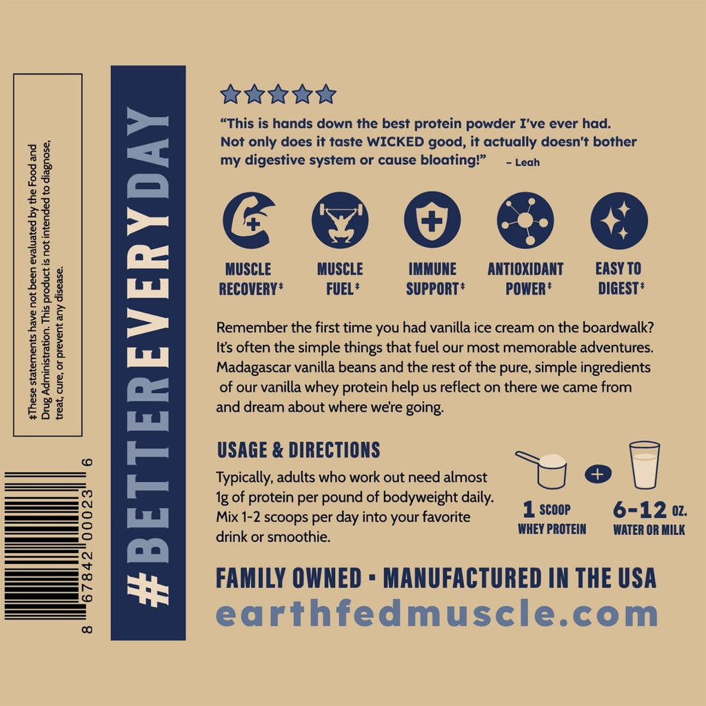 Earth Fed Muscle Whey Back Irish Grass Fed Whey Protein Isolate, Third-Party Certified. 25g Protein, Vanilla - Non-GMO, Hormone Free, Soy Free, Gluten Free - 2 LB, 29 Servings - FENGGESTORE20